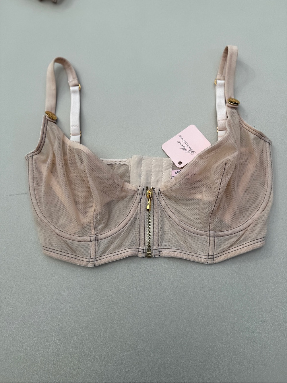 2009 Agent Provocateur Pale Blush Pink Mesh Faux-Denim Bra & Hot Pants Set - Picture 9 of 13